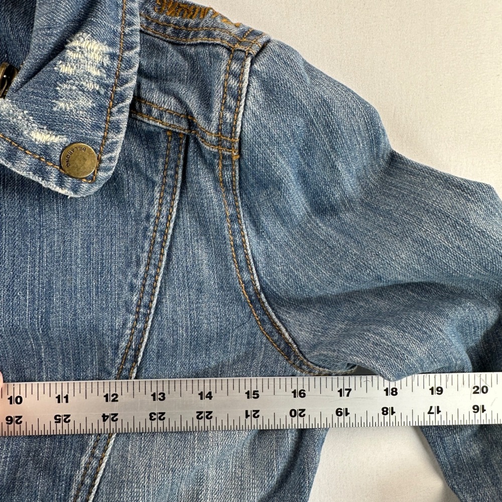 Billabong Womens Denim Moto Jacket Distressed Blue Zipper Sleeve Retro Sz Medium - Picture 10 of 14